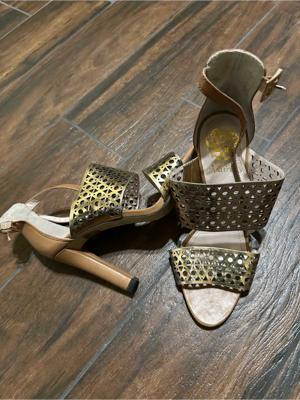 Vince Camuto Metallic Gold and Tan High Heel Sandals